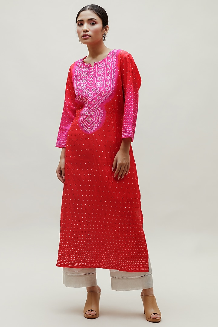 Red & Pink Pure Silk Bandhani Kurta by Naina Jain