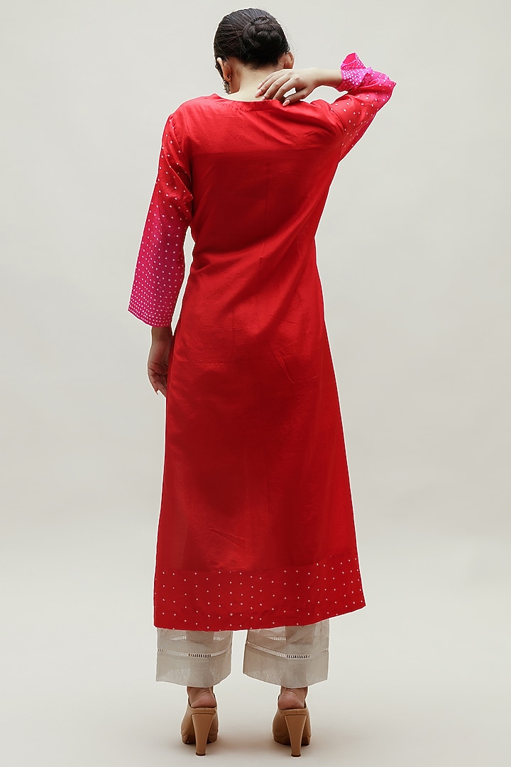 Red & Pink Pure Silk Bandhani Kurta by Naina Jain at Pernia's Pop Up Shop