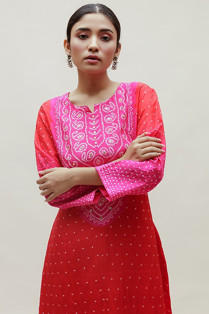Red & Pink Pure Silk Bandhani Kurta by Naina Jain at Pernia's Pop Up Shop