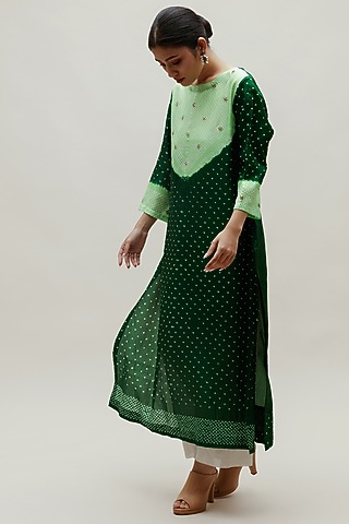 Green Pure Silk Bandhani Kurta by Naina Jain