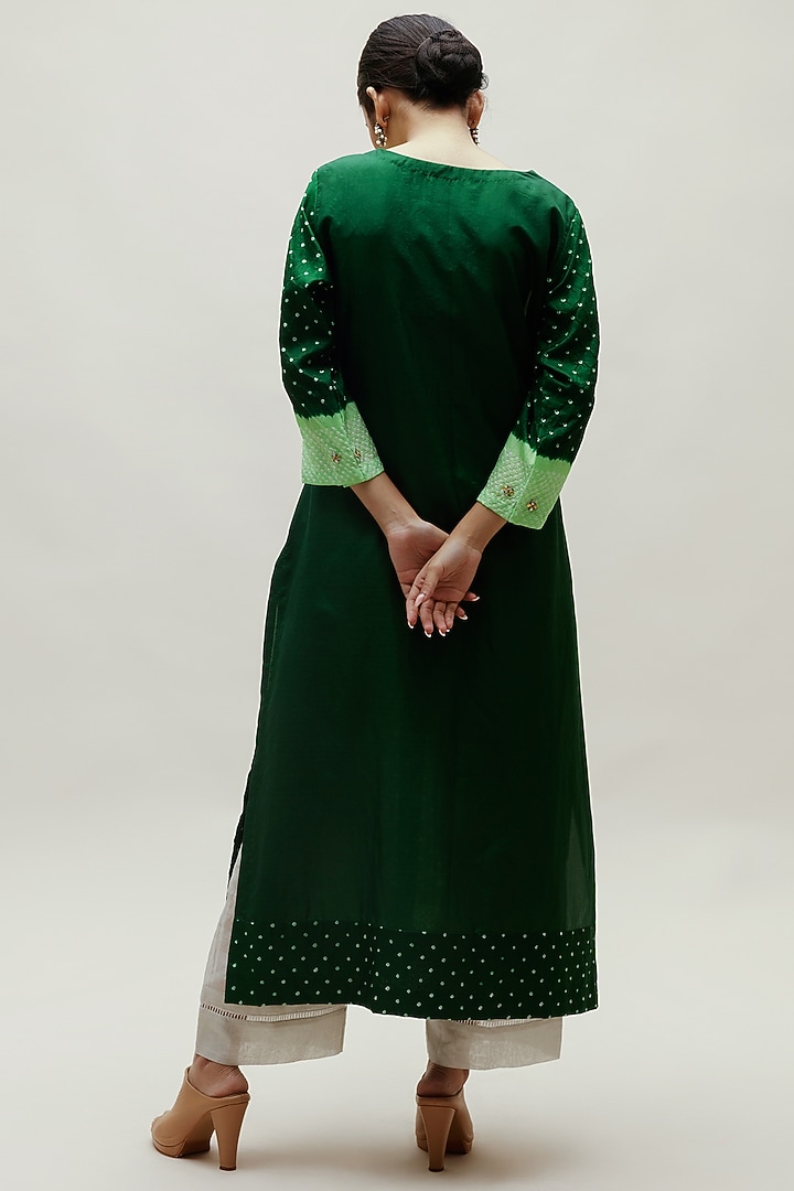 Green Pure Silk Bandhani Kurta by Naina Jain at Pernia's Pop Up Shop