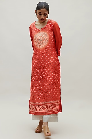 Orange Pure Silk Bandhani Kurta by Naina Jain