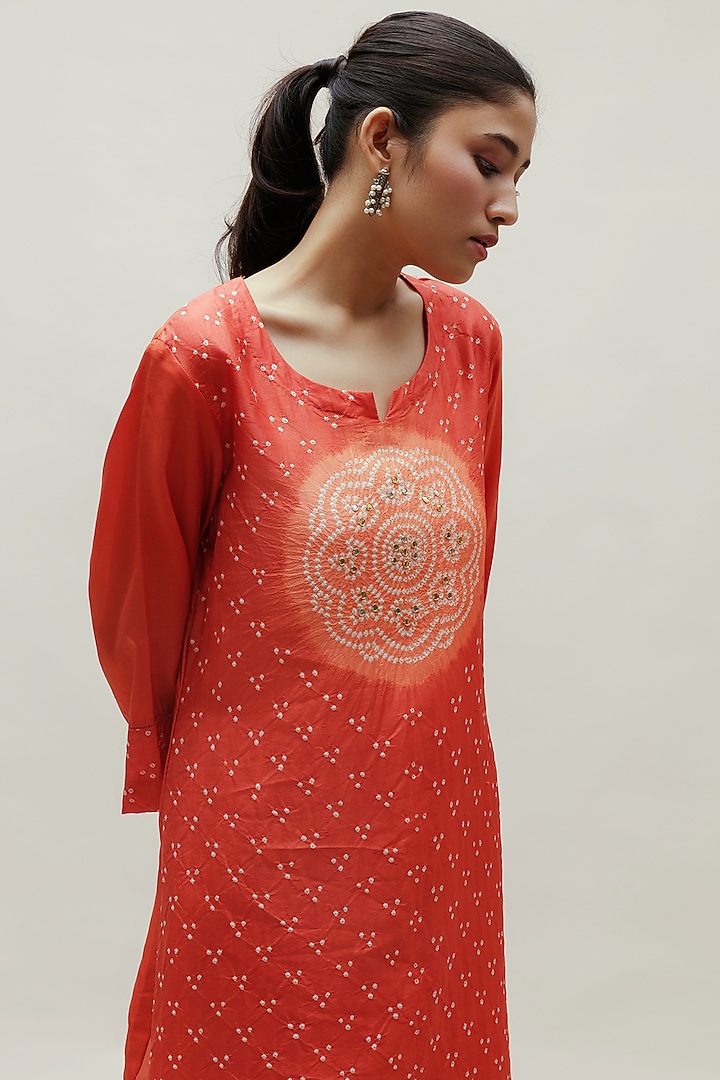 Orange Pure Silk Bandhani Kurta by Naina Jain at Pernia's Pop Up Shop