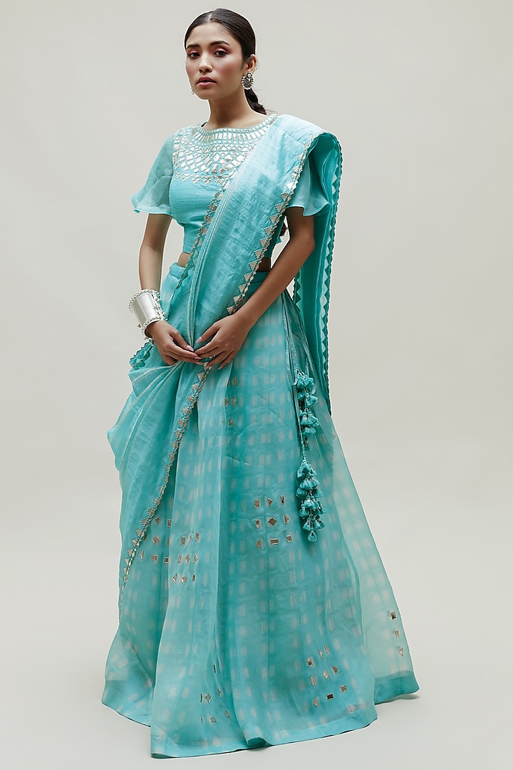 Sky Blue Embroidered Lehenga Saree Set by Naina Jain