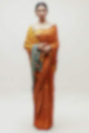 Occur & Yellow Silk Cotton Bandhani Saree Set by Naina Jain