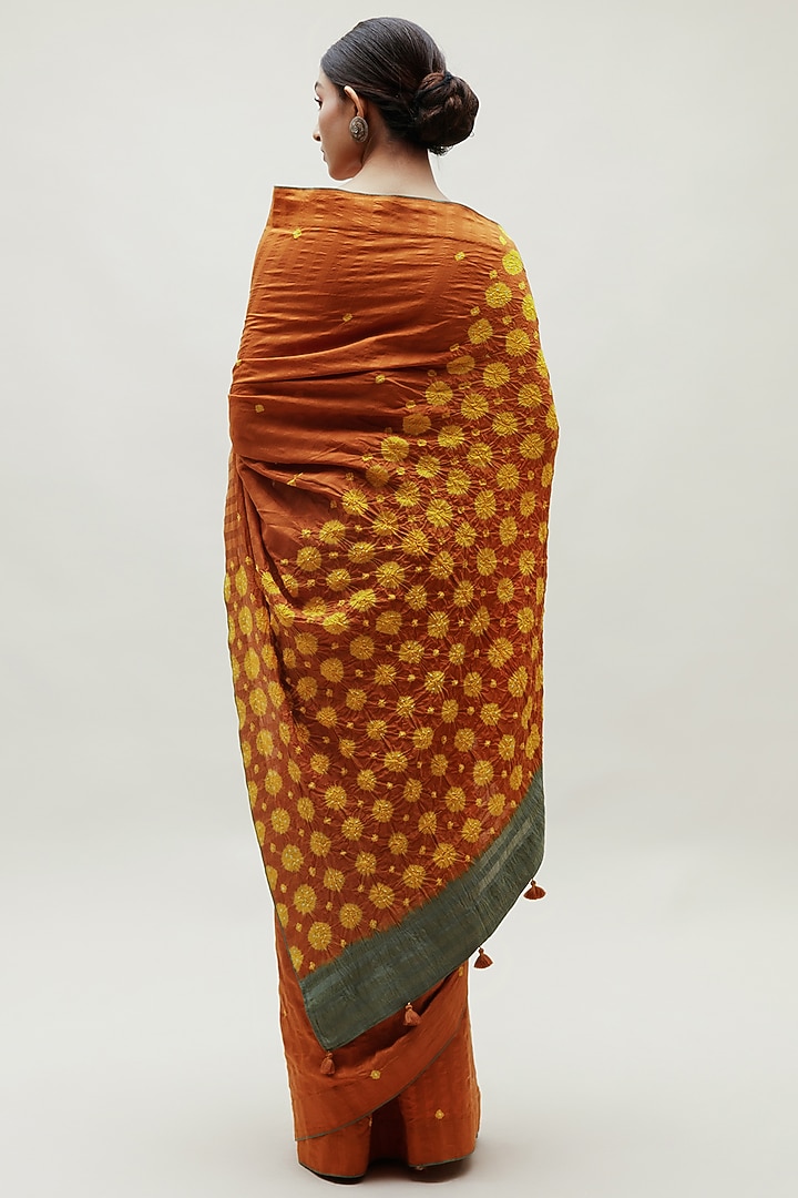 Occur & Yellow Silk Cotton Bandhani Party Wear Saree Set by Naina Jain at Pernia's Pop Up Shop