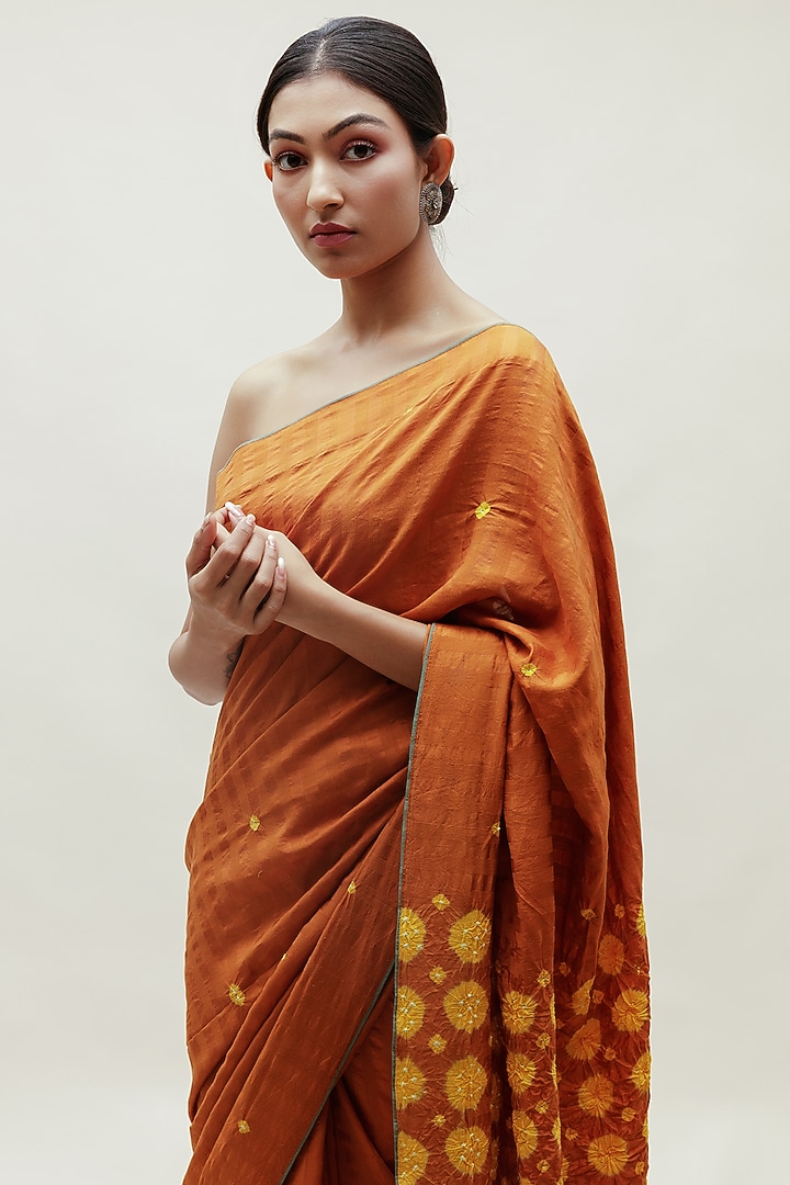 Occur & Yellow Silk Cotton Bandhani Party Wear Saree Set by Naina Jain at Pernia's Pop Up Shop