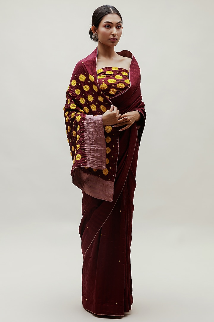Wine & Yellow Silk Cotton Bandhani Saree Set by Naina Jain