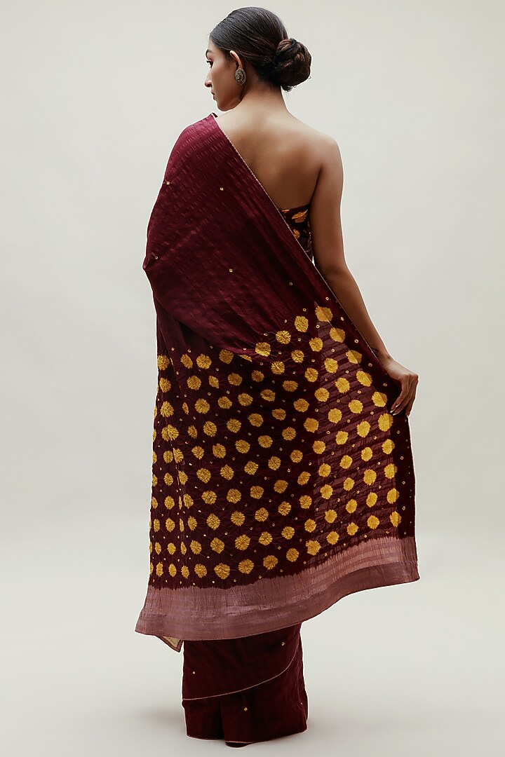 Wine & Yellow Silk Cotton Bandhani Party Wear Saree Set by Naina Jain at Pernia's Pop Up Shop