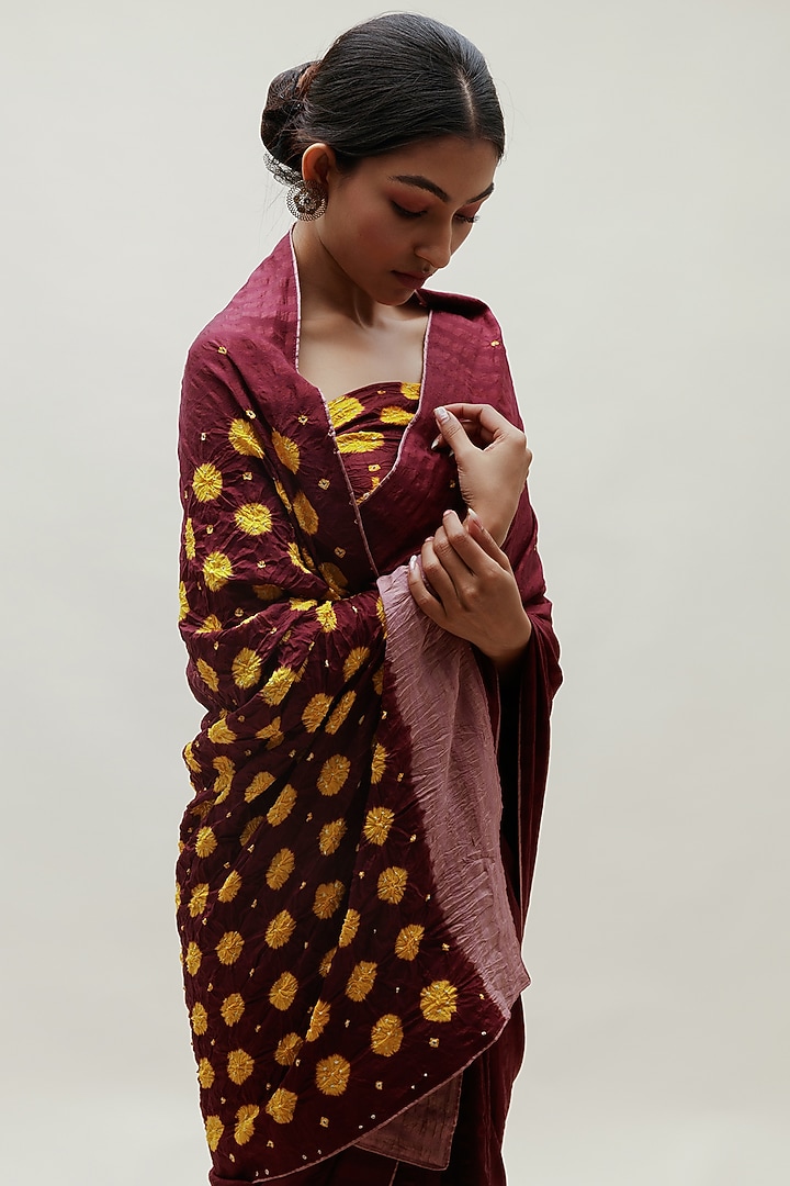 Wine & Yellow Silk Cotton Bandhani Party Wear Saree Set by Naina Jain at Pernia's Pop Up Shop
