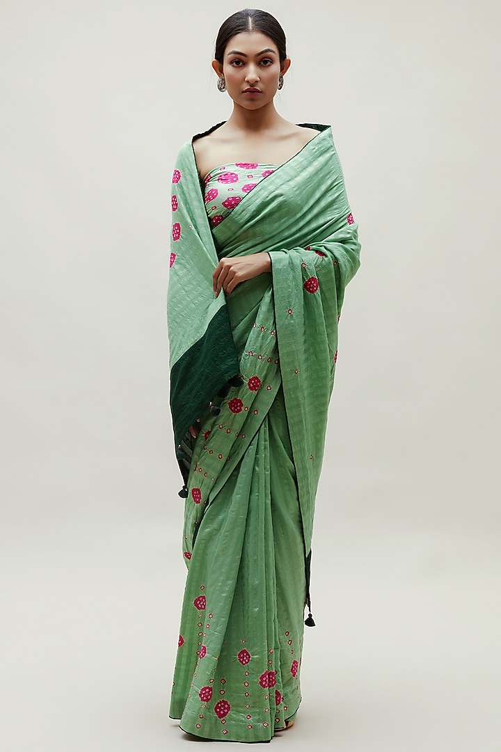 Green & Pink Silk Cotton Bandhani Saree Set by Naina Jain