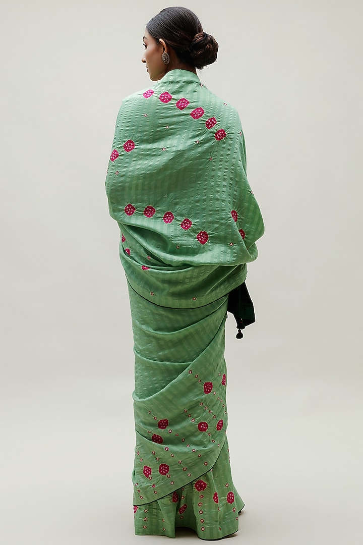 Green & Pink Silk Cotton Bandhani Party Wear Saree Set by Naina Jain at Pernia's Pop Up Shop