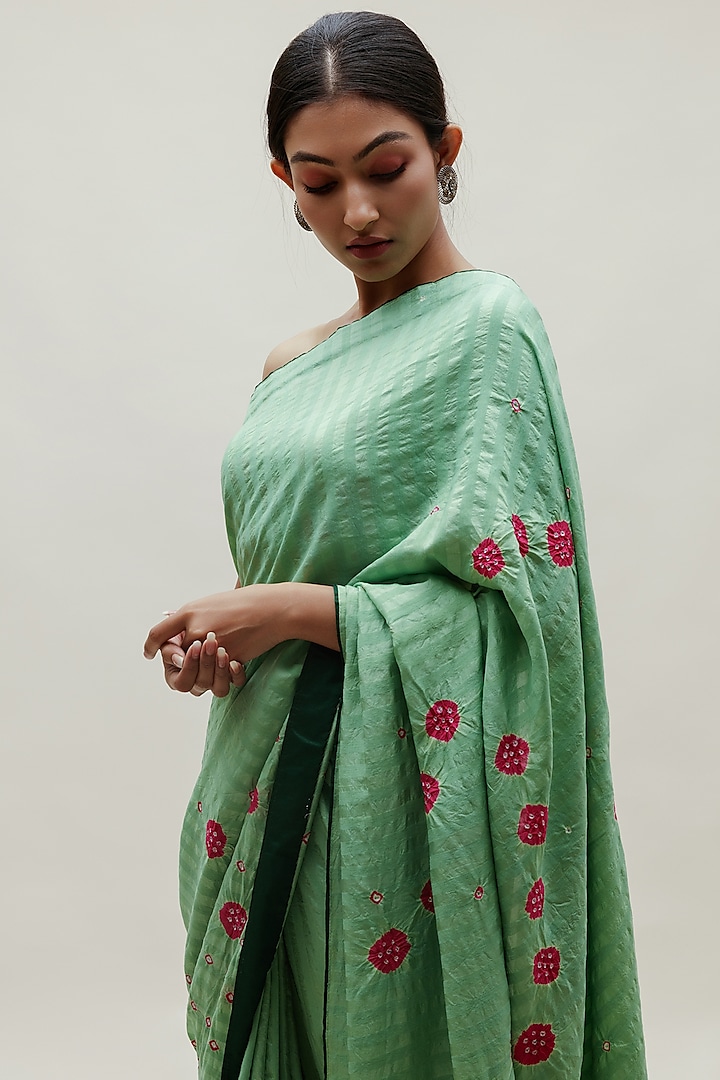 Green & Pink Silk Cotton Bandhani Saree Set Design by Naina Jain