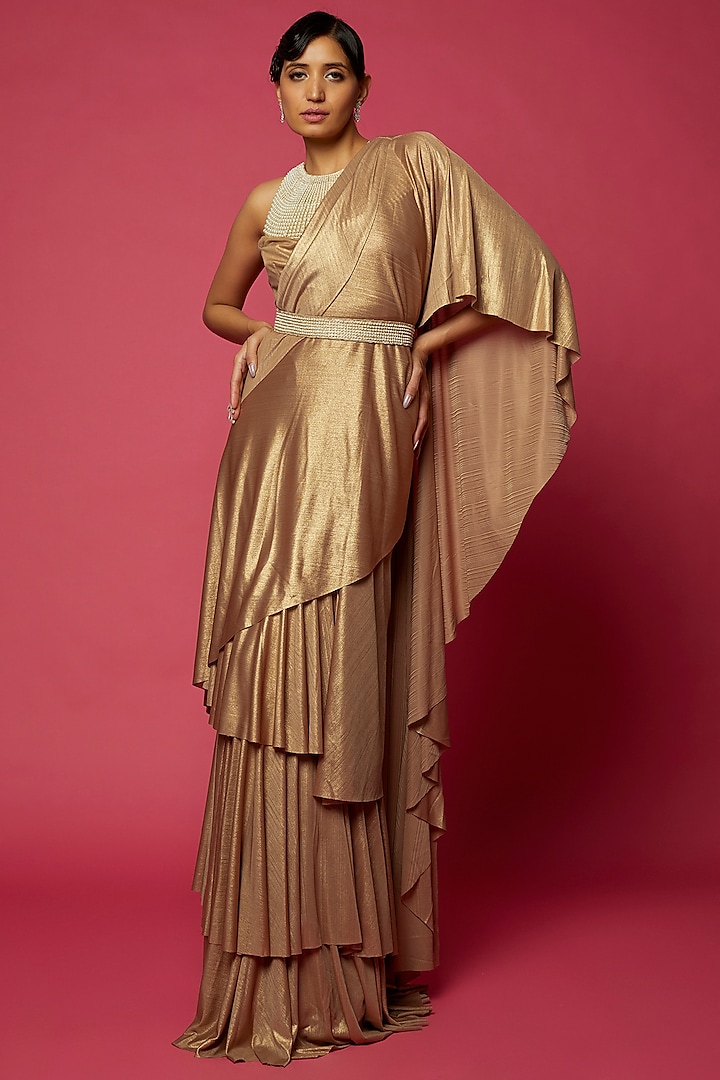 Gold Shimmer Draped Saree Set by Namrata Joshipura at Pernia's Pop Up Shop