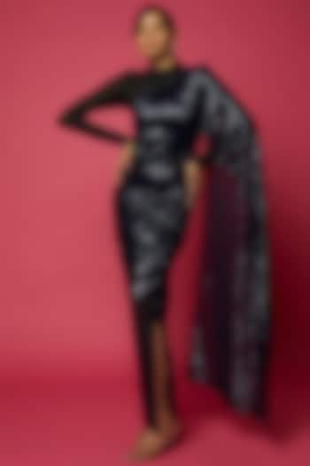 Navy Blue Sequins Draped Wedding Saree Set by Namrata Joshipura at Pernia's Pop Up Shop