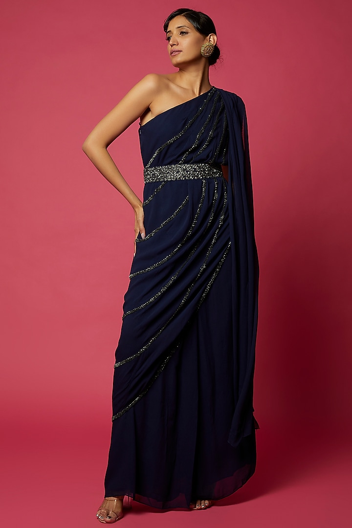 Navy Blue Shimmer Pleated Embellished Saree Gown by Namrata Joshipura
