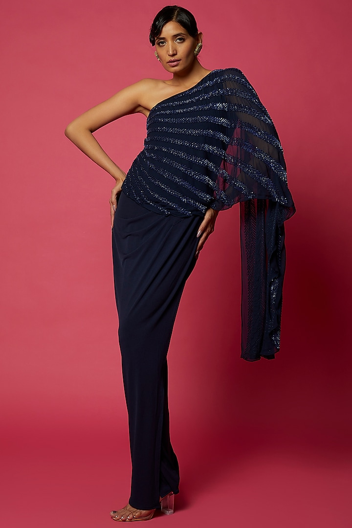 Navy Blue Georgette & Net Hand Embroidered Draped Gown by Namrata Joshipura