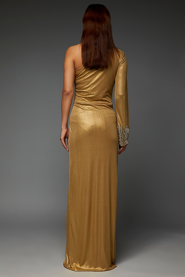 Gold Jersey Chain Streak One Shoulder Engagement Gown by Namrata Joshipura at Pernia's Pop Up Shop