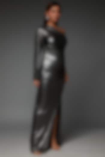 Metallic Grey Jersey Chain Streak One Shoulder Gown Design by