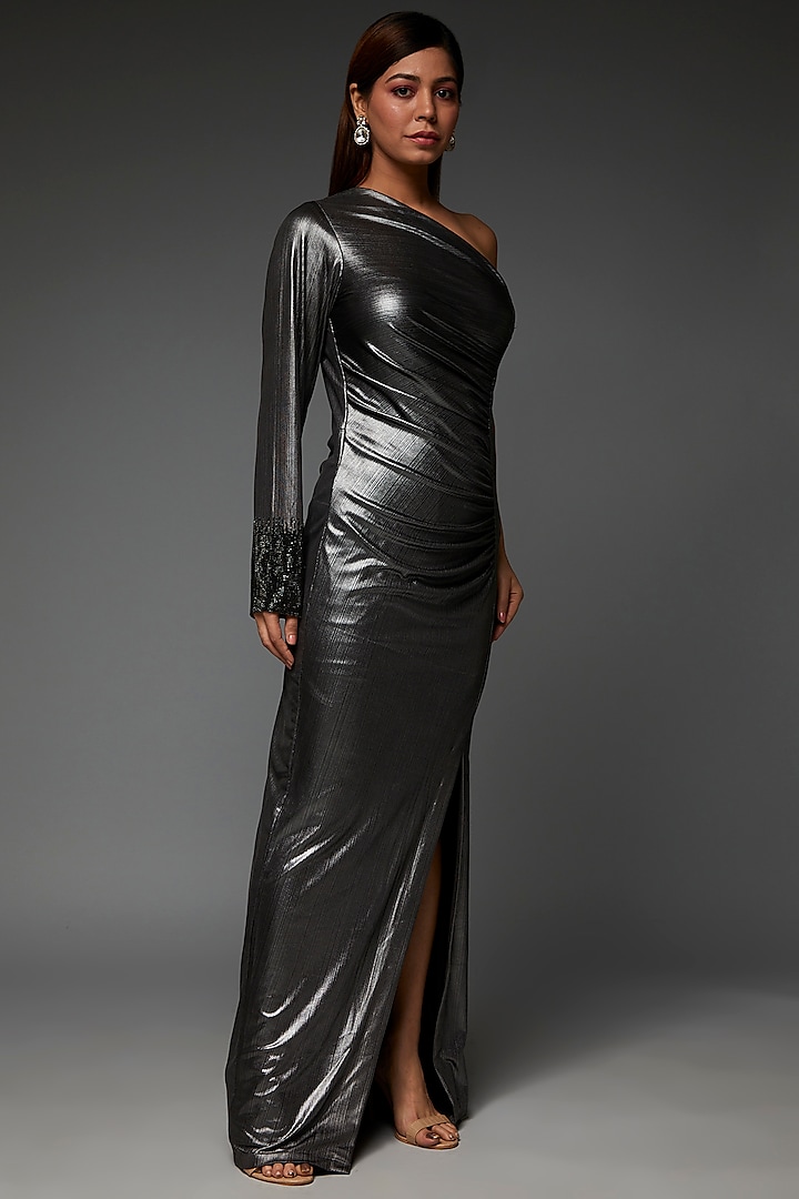 Metallic Grey Jersey Chain Streak One Shoulder Gown by Namrata Joshipura