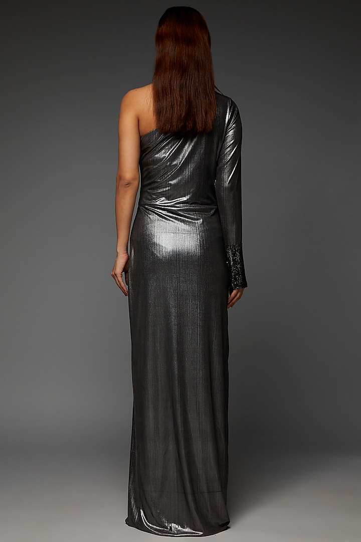 Metallic Grey Jersey Chain Streak One Shoulder Engagement Gown by Namrata Joshipura at Pernia's Pop Up Shop