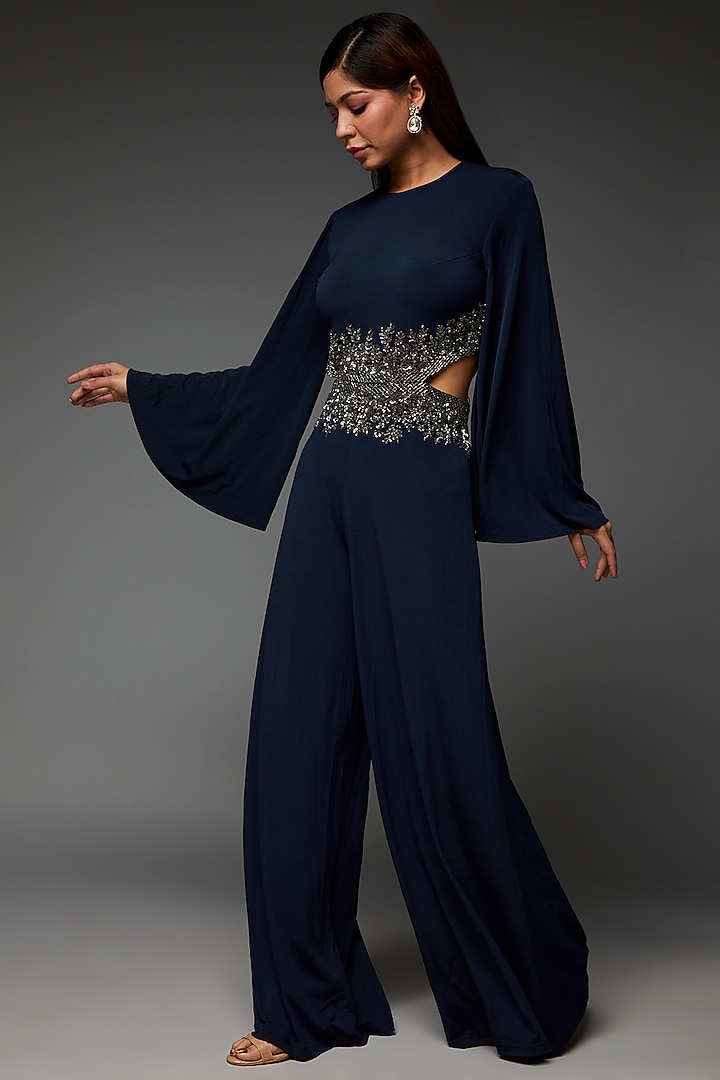 Navy Blue Jersey Embellished & Cut-Out Jumpsuit by Namrata Joshipura at ...