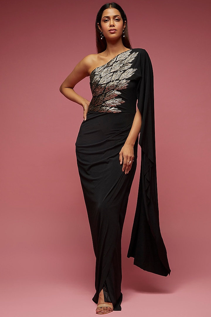 Black Jersey Embellished Gown by Namrata Joshipura
