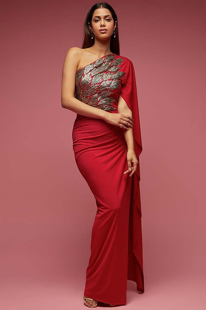 Red Jersey Embellished Gown by Namrata Joshipura