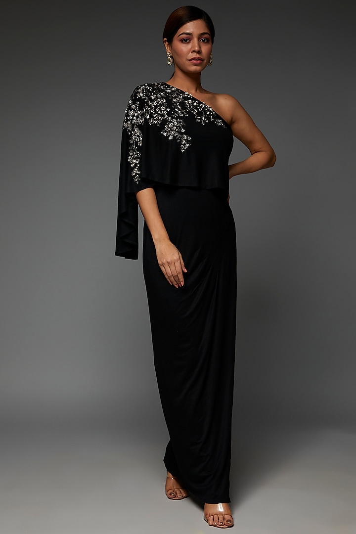 Black Jersey Embellished Off-Shoulder Cape Gown by Namrata Joshipura