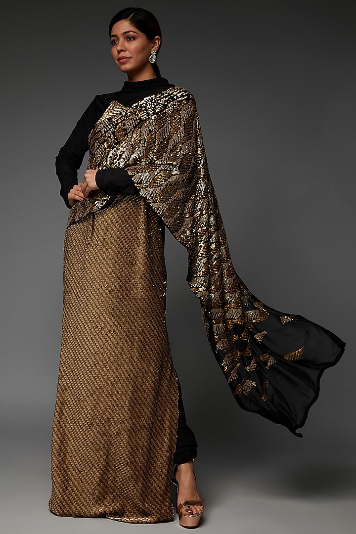 Black & Gold Georgette Embellished Draped Gown by Namrata Joshipura