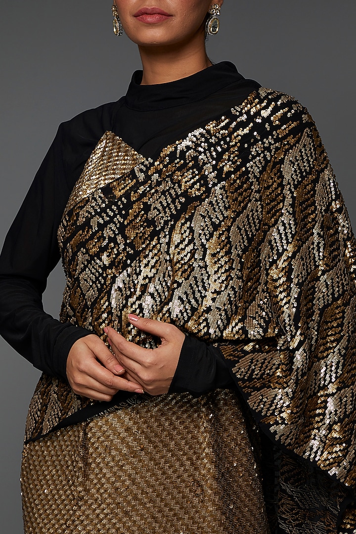Black & Gold Georgette Embellished Draped Bridal Gown by Namrata Joshipura at Pernia's Pop Up Shop