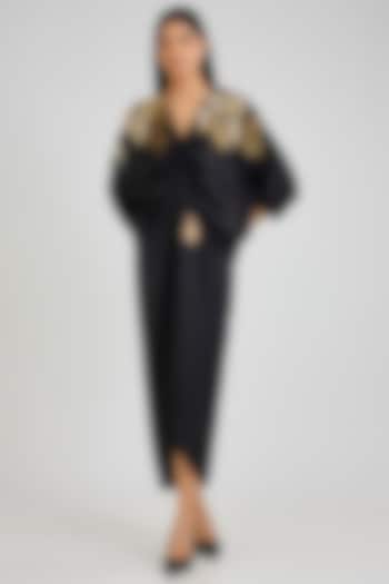 Black & Gold Cupro Satin Kaftan Cocktail Dress by Namrata Joshipura at Pernia's Pop Up Shop