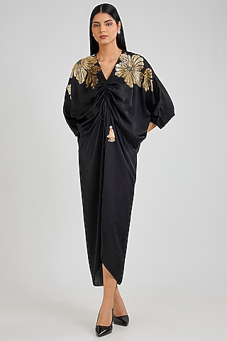 Black & Gold Cupro Satin Kaftan Dress by Namrata Joshipura