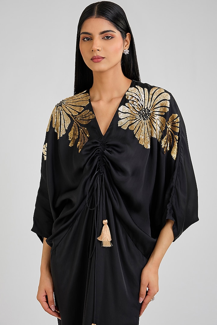 Black & Gold Cupro Satin Kaftan Cocktail Dress by Namrata Joshipura at Pernia's Pop Up Shop