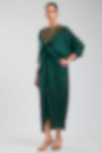 Hunter Green Cupro Embroidered Cocktail Dress by Namrata Joshipura at Pernia's Pop Up Shop