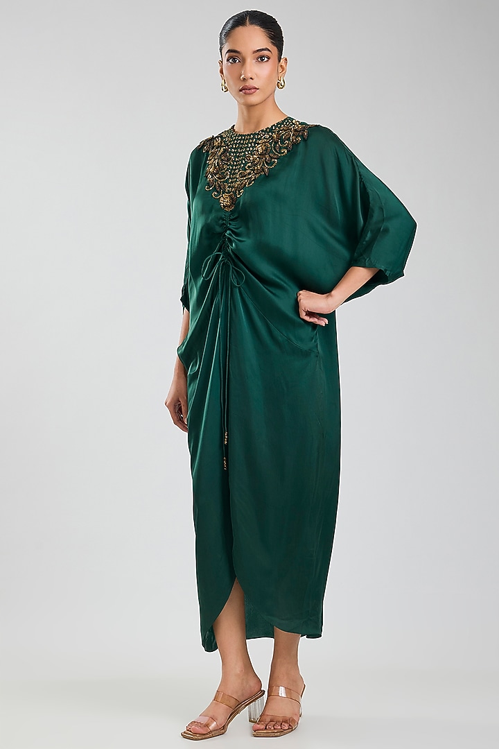 Hunter Green Cupro Embroidered Cocktail Dress by Namrata Joshipura at Pernia's Pop Up Shop