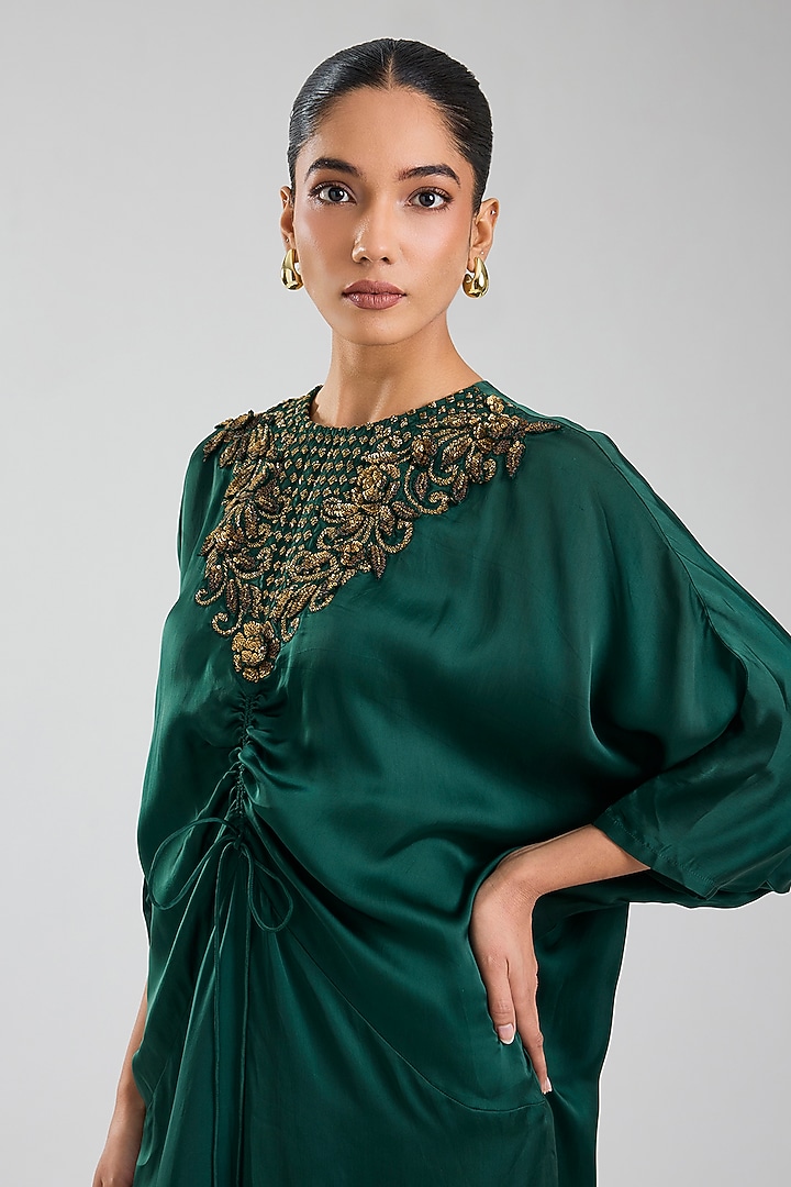 Hunter Green Cupro Embroidered Cocktail Dress by Namrata Joshipura at Pernia's Pop Up Shop