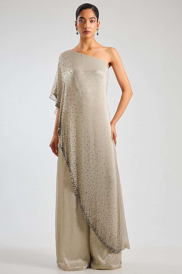 Pearl-Colored Shimmer Chiffon One-Shoulder Jumpsuit by Namrata Joshipura at Pernia's Pop Up Shop