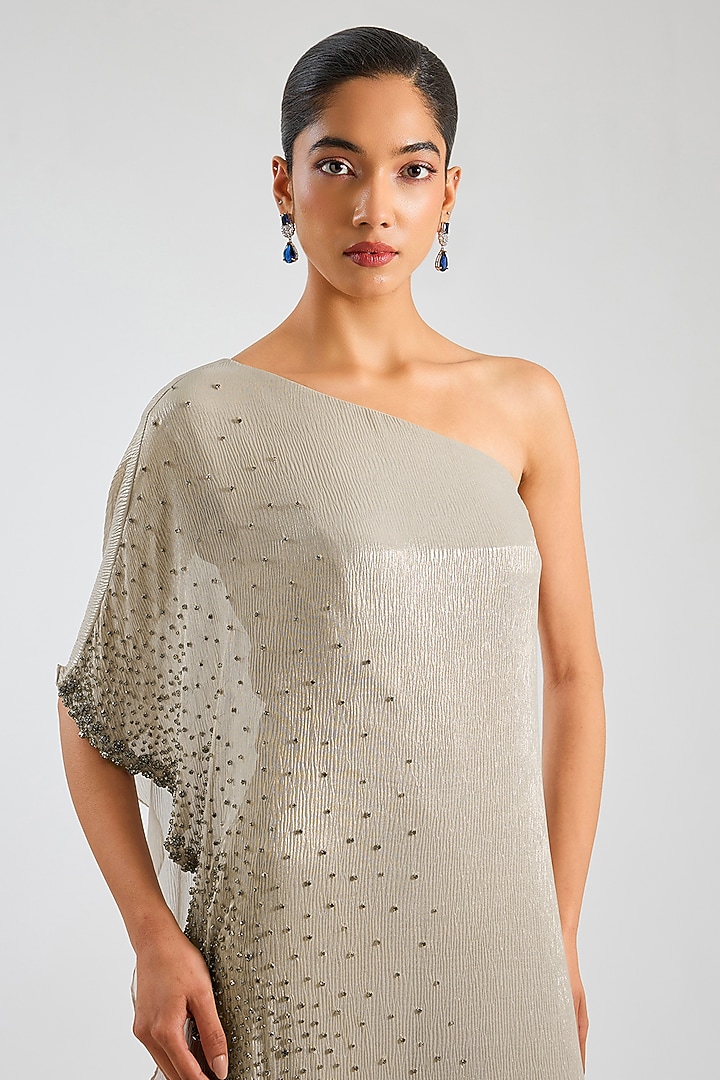 Pearl-Colored Shimmer Chiffon One-Shoulder Jumpsuit by Namrata Joshipura at Pernia's Pop Up Shop