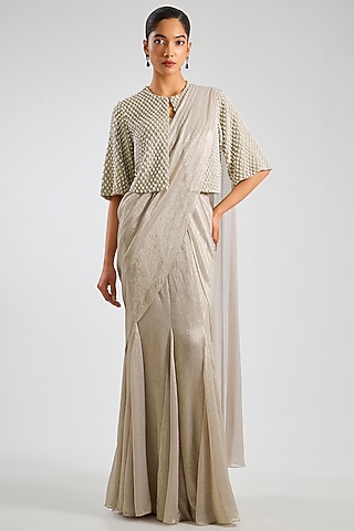 Pearl-Colored Shimmer Chiffon Saree Set by Namrata Joshipura