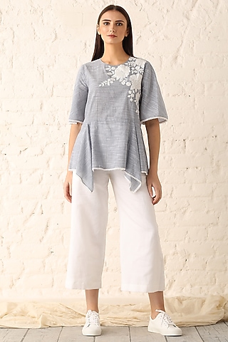 Blue & White Embroidered Top With Slip by Namrata Joshipura