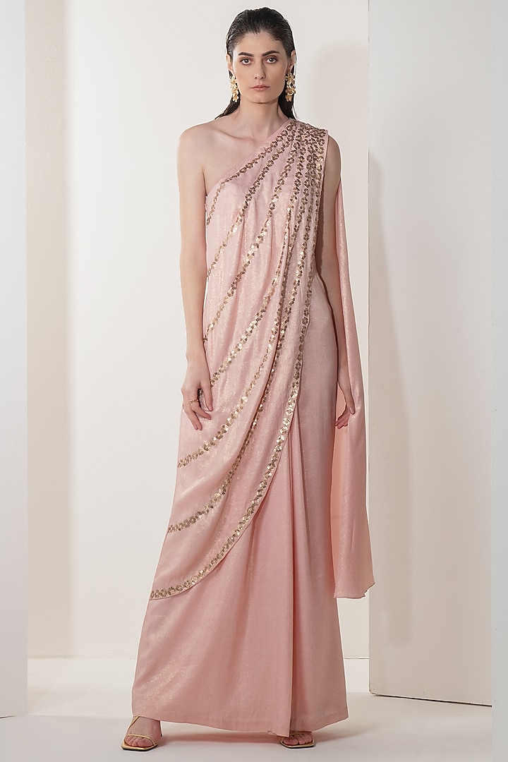 Rose Gold Embellished Saree Gown by Namrata Joshipura