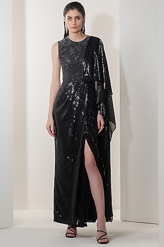 Black Embellished Saree Gown by Namrata Joshipura