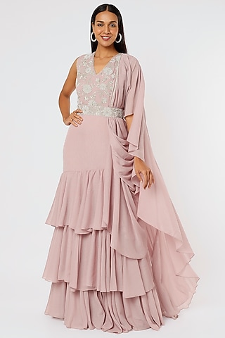 Pink Embellished Draped Saree Dress by Namrata Joshipura