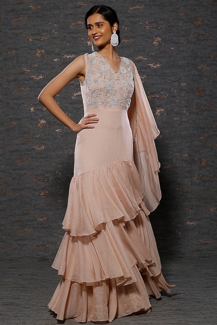 Peach Embellished Gown Saree by Namrata Joshipura