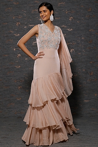 Peach Embellished Gown Saree by Namrata Joshipura