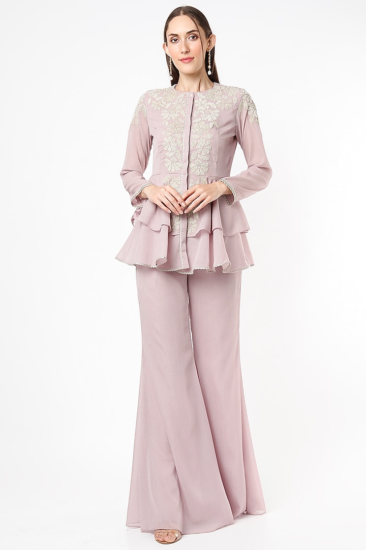 Lilac Shimmer Chiffon Pant Set by Namrata Joshipura