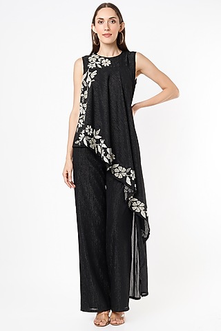 Black Shimmer Chiffon Jumpsuit by Namrata Joshipura