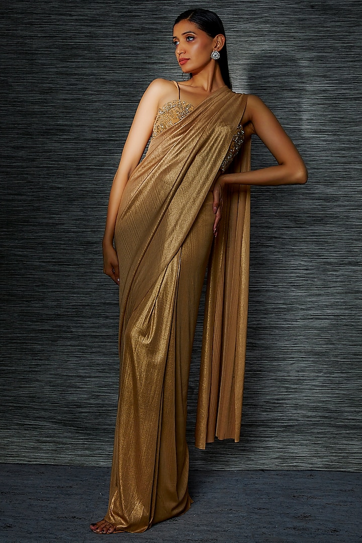Gold Shimmer Jersey Draped Saree Set by Namrata Joshipura