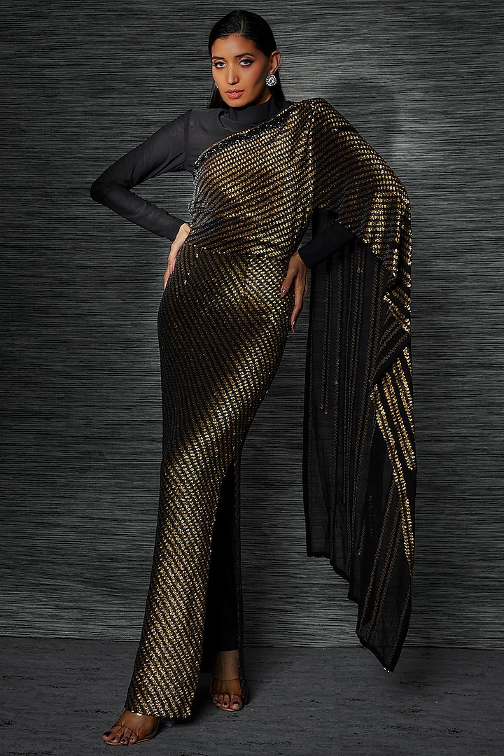 Black & Gold Georgette Embellished Gown by Namrata Joshipura at Pernia's Pop Up Shop